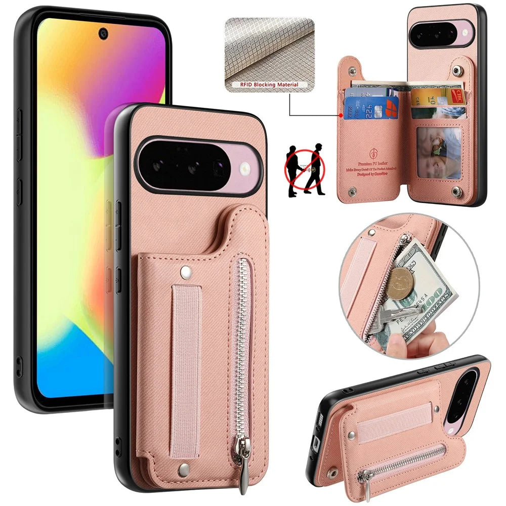 Magnetic Case For Google Pixel 10 Pro  /  10 RFID Blocking Jeans Cloth Texture Leather Back Cover with Elastic Wristband - Pink - 1