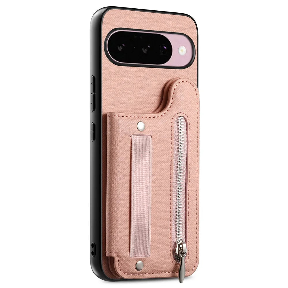 Magnetic Case For Google Pixel 10 Pro  /  10 RFID Blocking Jeans Cloth Texture Leather Back Cover with Elastic Wristband - Pink - 2