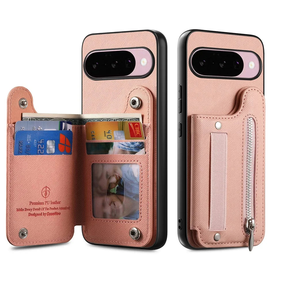 Magnetic Case For Google Pixel 10 Pro  /  10 RFID Blocking Jeans Cloth Texture Leather Back Cover with Elastic Wristband - Pink - 3