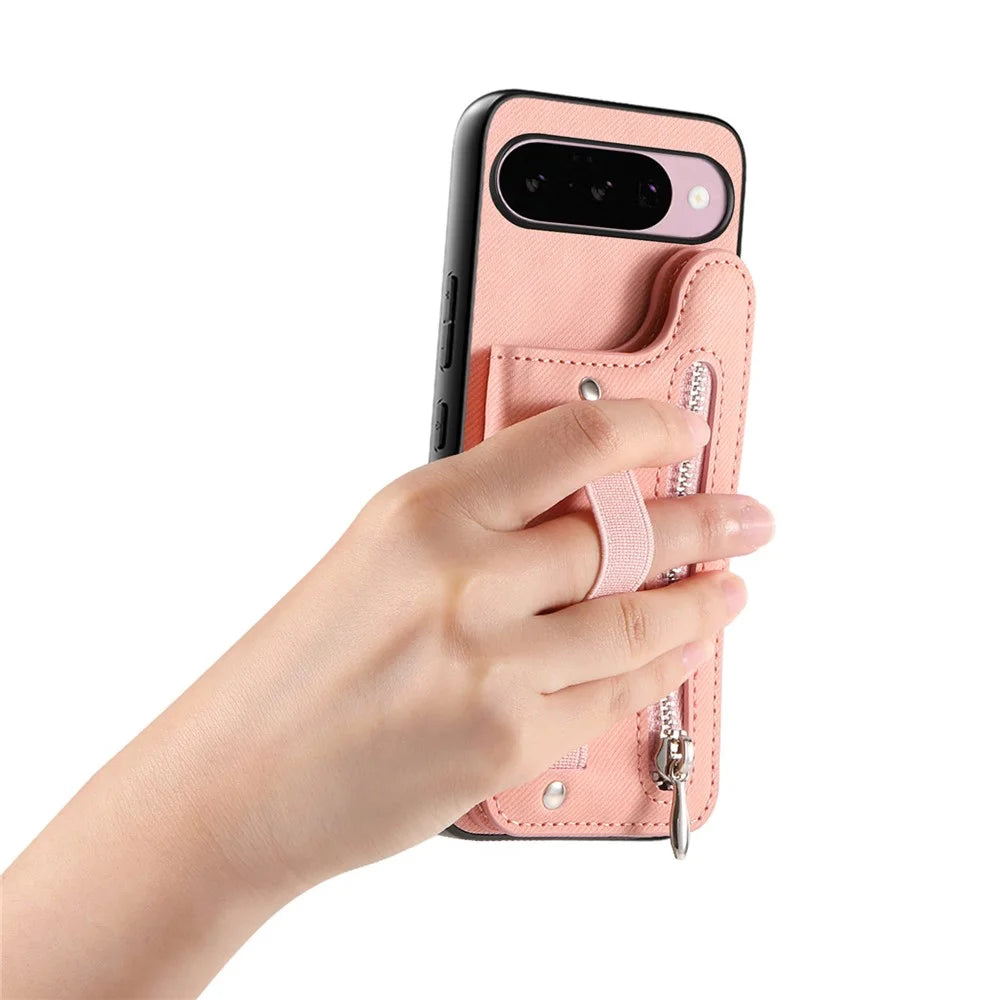 Magnetic Case For Google Pixel 10 Pro  /  10 RFID Blocking Jeans Cloth Texture Leather Back Cover with Elastic Wristband - Pink - 4