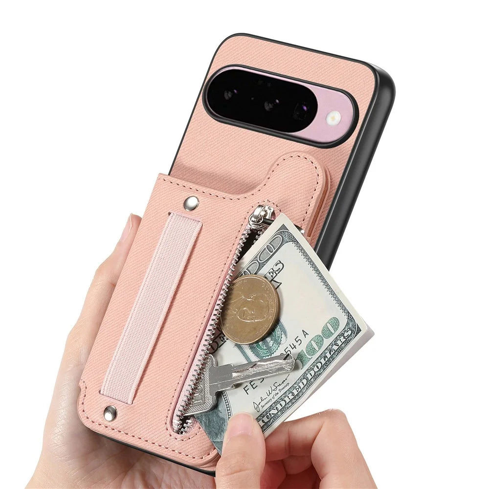 Magnetic Case For Google Pixel 10 Pro  /  10 RFID Blocking Jeans Cloth Texture Leather Back Cover with Elastic Wristband - Pink - 5