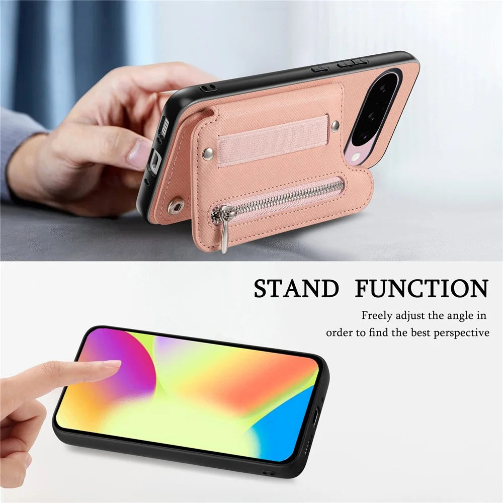 Magnetic Case For Google Pixel 10 Pro  /  10 RFID Blocking Jeans Cloth Texture Leather Back Cover with Elastic Wristband - Pink - 7