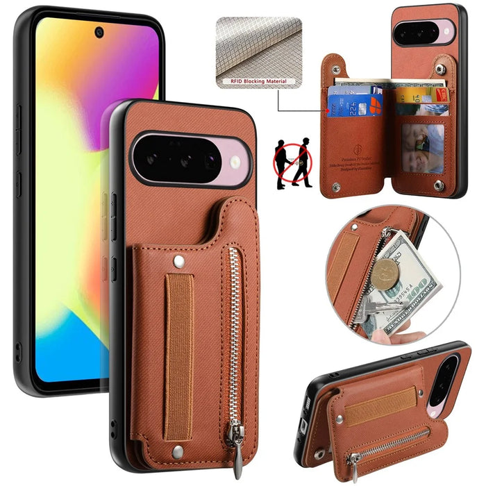 For Google Pixel 10 Pro XL Case RFID Blocking Card Holder Jeans Cloth Texture Leather Back Cover with Elastic Wristband - Brown - 1