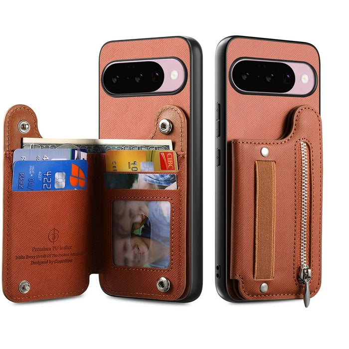 For Google Pixel 10 Pro XL Case RFID Blocking Card Holder Jeans Cloth Texture Leather Back Cover with Elastic Wristband - Brown - 3