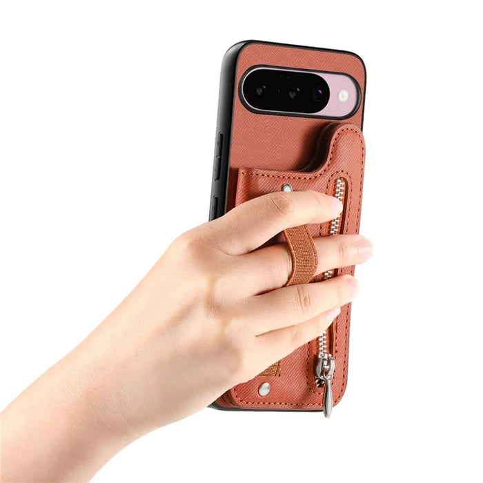 For Google Pixel 10 Pro XL Case RFID Blocking Card Holder Jeans Cloth Texture Leather Back Cover with Elastic Wristband - Brown - 4