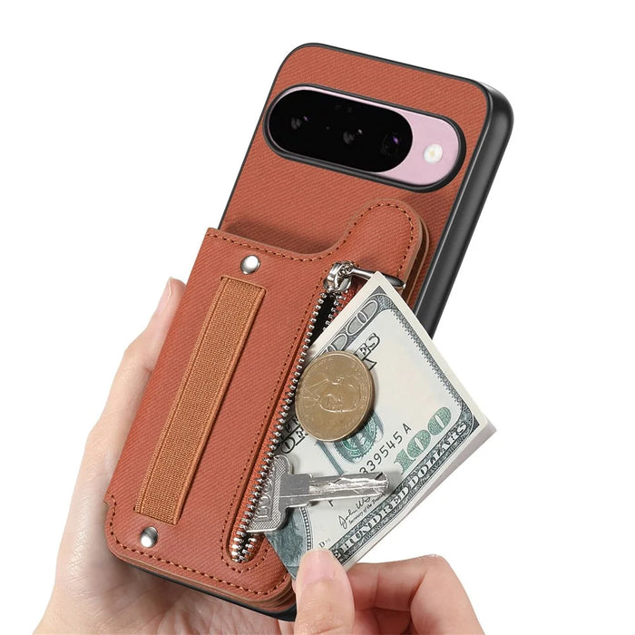 For Google Pixel 10 Pro XL Case RFID Blocking Card Holder Jeans Cloth Texture Leather Back Cover with Elastic Wristband - Brown - 5