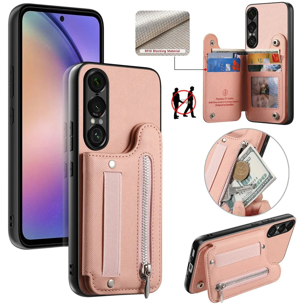 For Sony Xperia 1 VII Case RFID Blocking Card Holder Jeans Cloth Texture Leather Back Cover with Elastic Wristband - Pink - 1