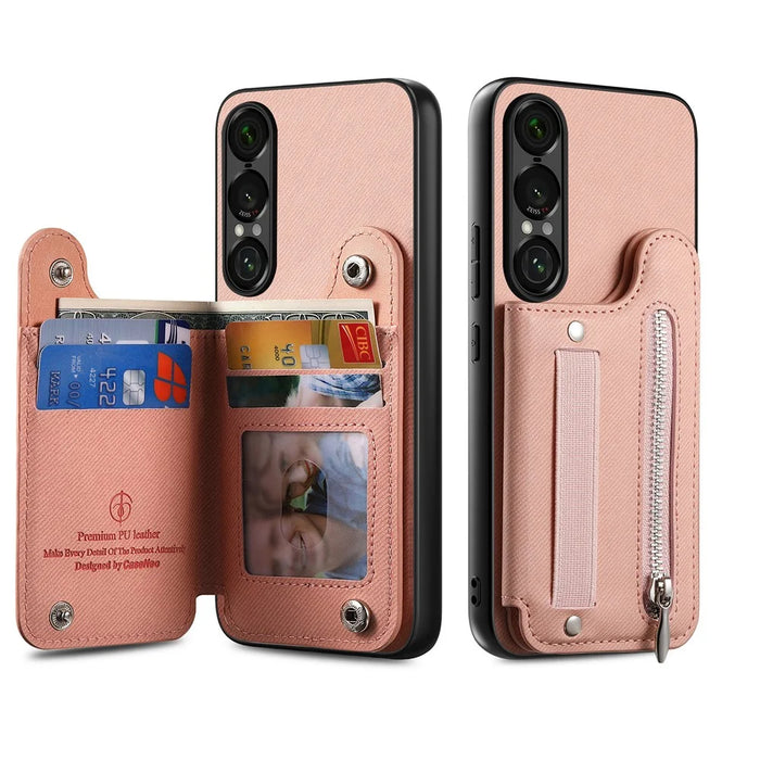 For Sony Xperia 1 VII Case RFID Blocking Card Holder Jeans Cloth Texture Leather Back Cover with Elastic Wristband - Pink - 3