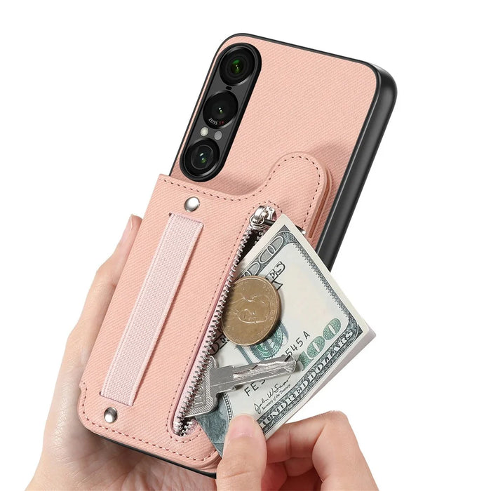 For Sony Xperia 1 VII Case RFID Blocking Card Holder Jeans Cloth Texture Leather Back Cover with Elastic Wristband - Pink - 5