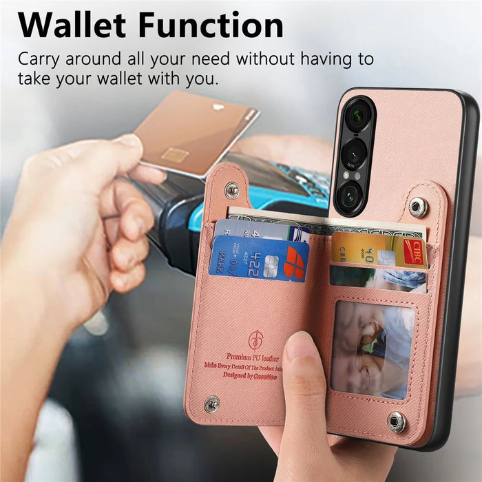 For Sony Xperia 1 VII Case RFID Blocking Card Holder Jeans Cloth Texture Leather Back Cover with Elastic Wristband - Pink - 6
