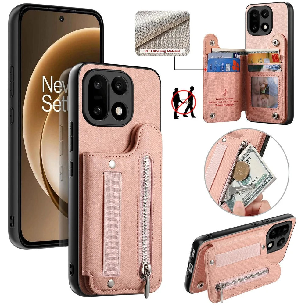 For OnePlus 15 5G Case RFID Blocking Card Holder Jeans Cloth Texture Leather Back Cover with Elastic Wristband - Pink - 1