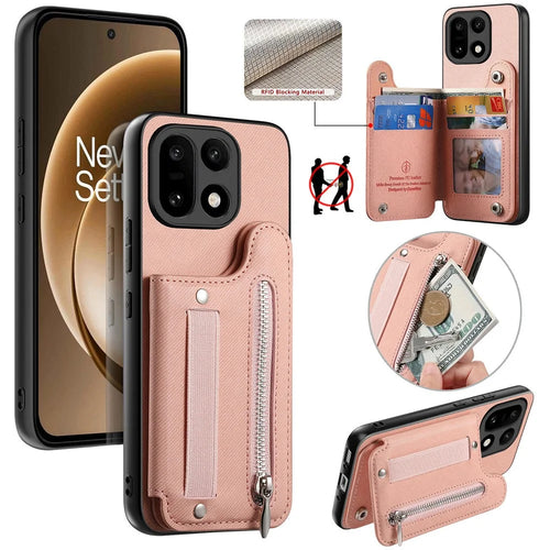For OnePlus 15 5G Case RFID Blocking Card Holder Jeans Cloth Texture Leather Back Cover with Elastic Wristband - Pink - 1