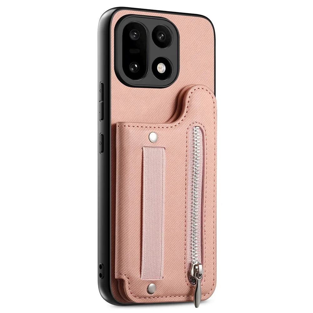 For OnePlus 15 5G Case RFID Blocking Card Holder Jeans Cloth Texture Leather Back Cover with Elastic Wristband - Pink - 2
