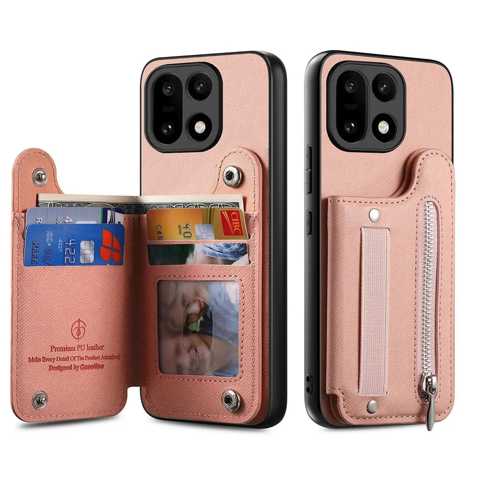 For OnePlus 15 5G Case RFID Blocking Card Holder Jeans Cloth Texture Leather Back Cover with Elastic Wristband - Pink - 3