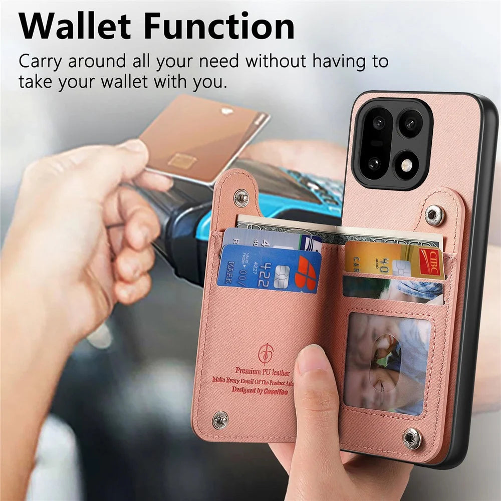 For OnePlus 15 5G Case RFID Blocking Card Holder Jeans Cloth Texture Leather Back Cover with Elastic Wristband - Pink - 4