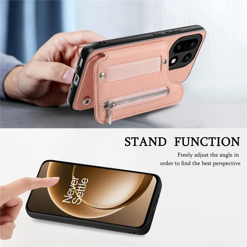 For OnePlus 15 5G Case RFID Blocking Card Holder Jeans Cloth Texture Leather Back Cover with Elastic Wristband - Pink - 5