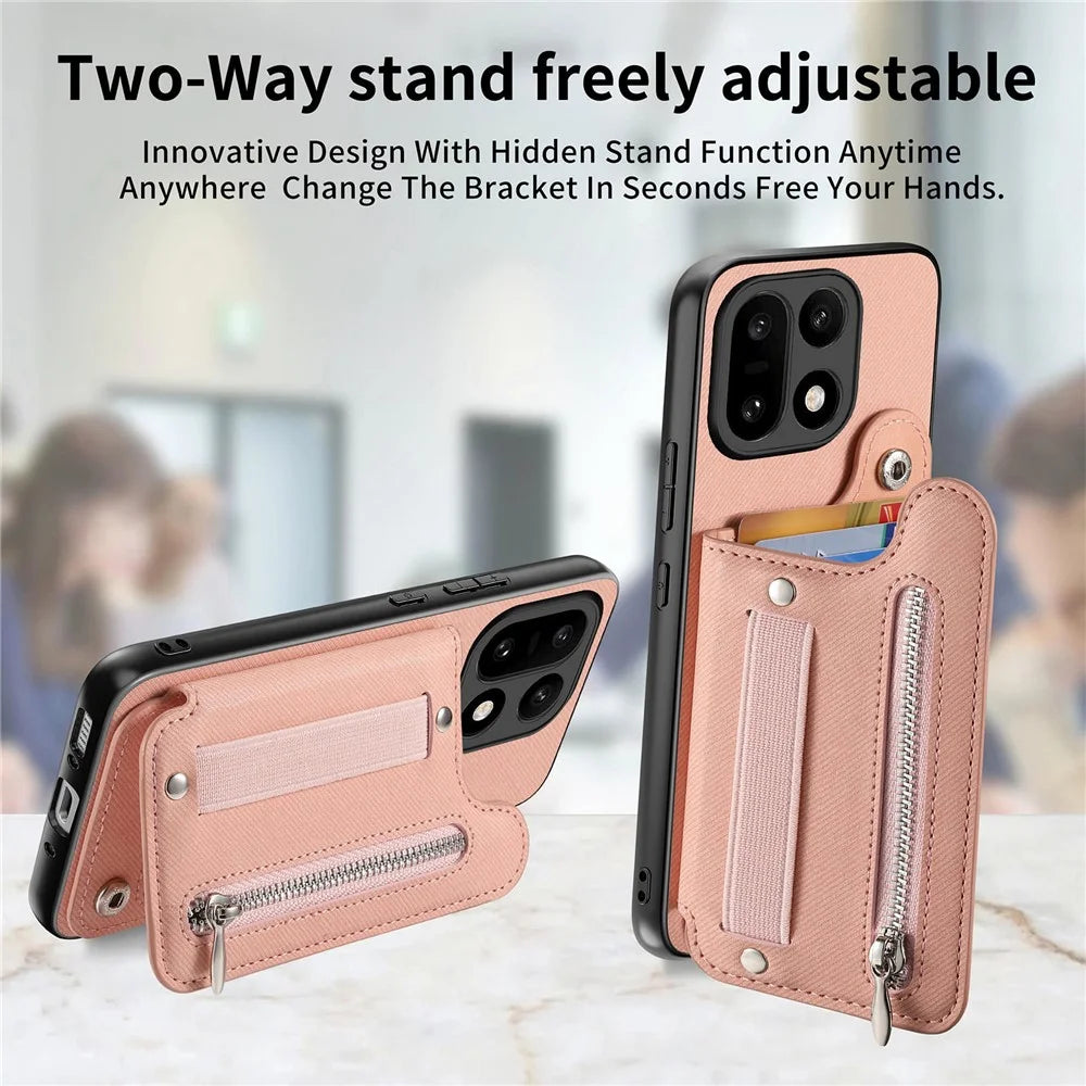 For OnePlus 15 5G Case RFID Blocking Card Holder Jeans Cloth Texture Leather Back Cover with Elastic Wristband - Pink - 6