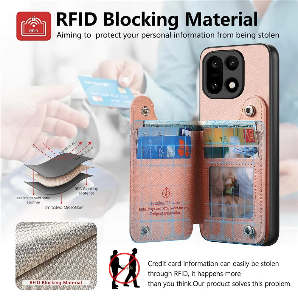 For OnePlus 15 5G Case RFID Blocking Card Holder Jeans Cloth Texture Leather Back Cover with Elastic Wristband - Pink - 7