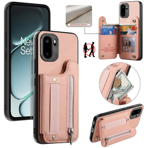 Phone Case For OnePlus Ace 6T 5G / 6 5G RFID Blocking Card Holder Jeans Cloth Texture Leather Back Cover with Elastic Wristband - Pink - 1