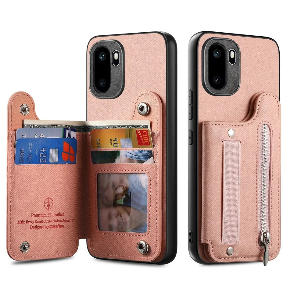 Phone Case For OnePlus Ace 6T 5G / 6 5G RFID Blocking Card Holder Jeans Cloth Texture Leather Back Cover with Elastic Wristband - Pink - 3