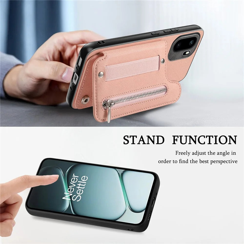 Phone Case For OnePlus Ace 6T 5G / 6 5G RFID Blocking Card Holder Jeans Cloth Texture Leather Back Cover with Elastic Wristband - Pink - 5