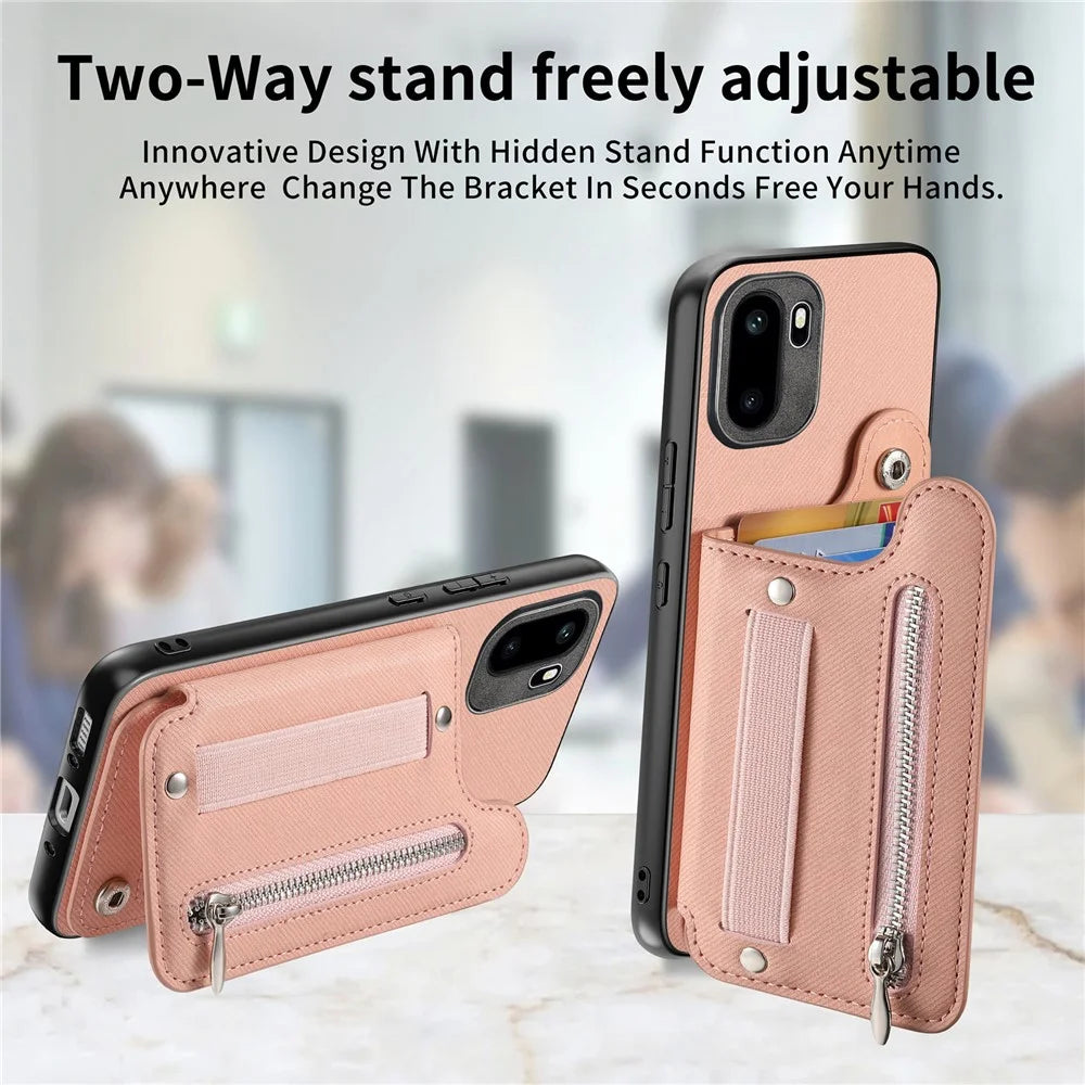 Phone Case For OnePlus Ace 6T 5G / 6 5G RFID Blocking Card Holder Jeans Cloth Texture Leather Back Cover with Elastic Wristband - Pink - 6