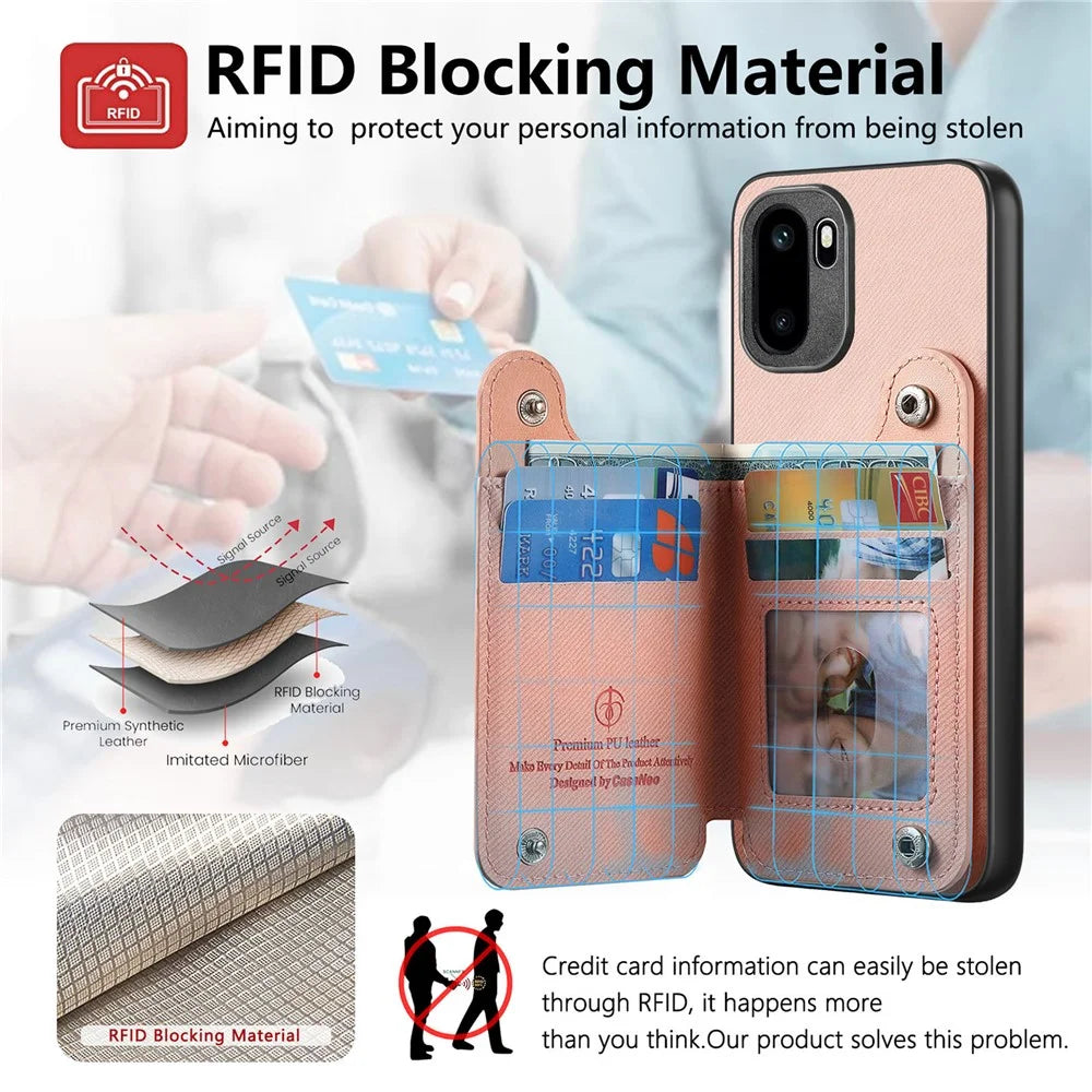 Phone Case For OnePlus Ace 6T 5G / 6 5G RFID Blocking Card Holder Jeans Cloth Texture Leather Back Cover with Elastic Wristband - Pink - 7