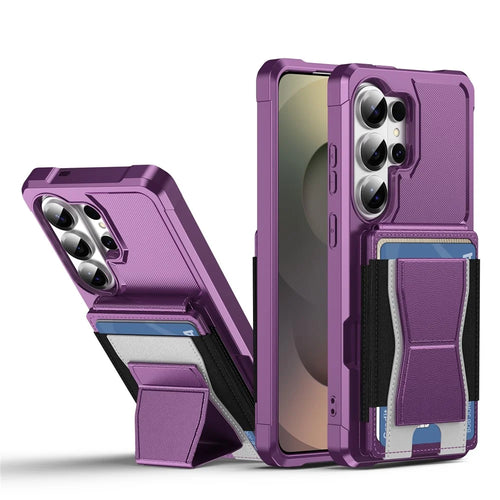 For Samsung Galaxy S26 Ultra Case Elastic Band Card Holder Leather + TPU Kickstand Phone Cover - Purple - 1