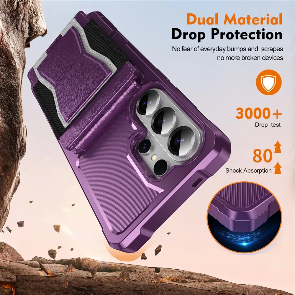 For Samsung Galaxy S25 Ultra Case Elastic Band Card Holder Leather + TPU Kickstand Phone Cover - Purple - 6