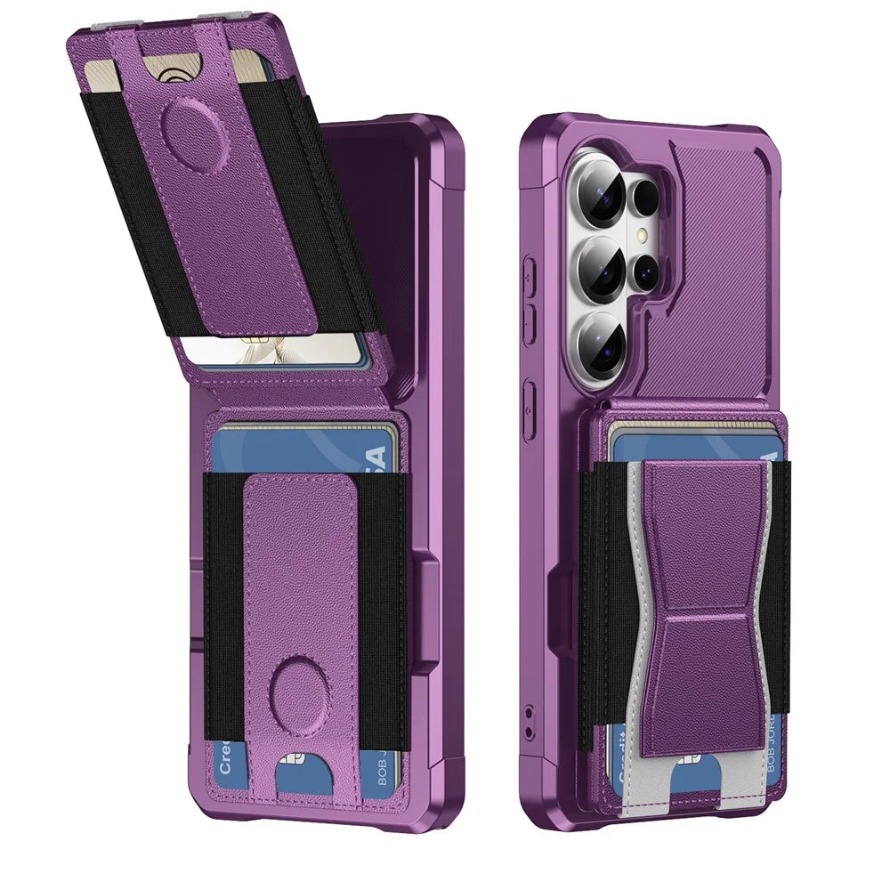 For Samsung Galaxy S24 Ultra Case Elastic Band Card Holder Leather + TPU Kickstand Phone Cover - Purple - 2