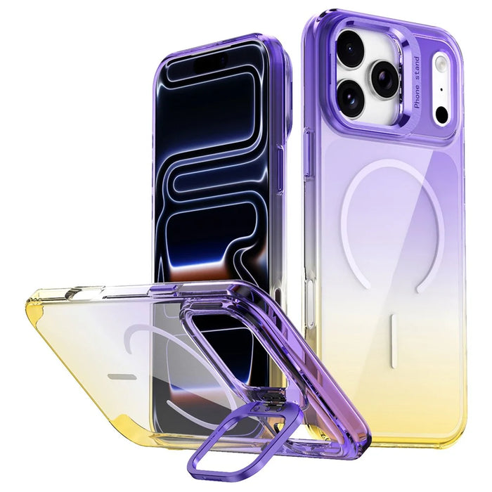 For iPhone 17 Pro Max Magnetic Case Gradient Color Hard PC Phone Cover Camera Lens Frame Kickstand - Purple - 1