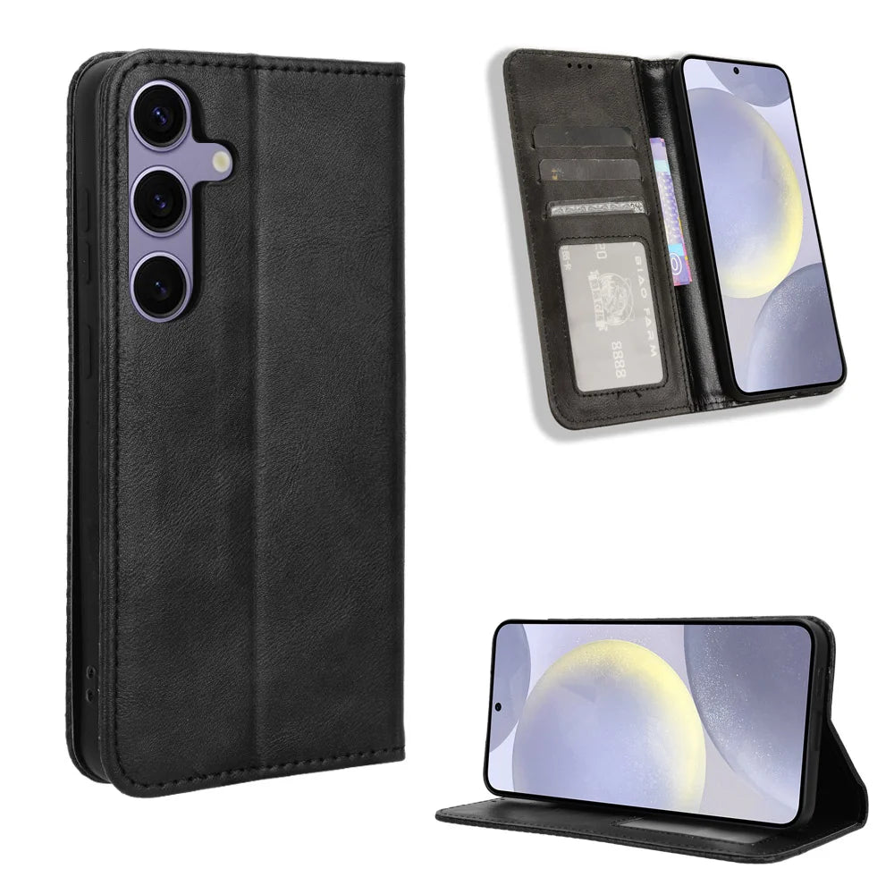 For Samsung Galaxy S26 Leather Case Wallet Stand Retro Texture Phone Cover - Black - 1