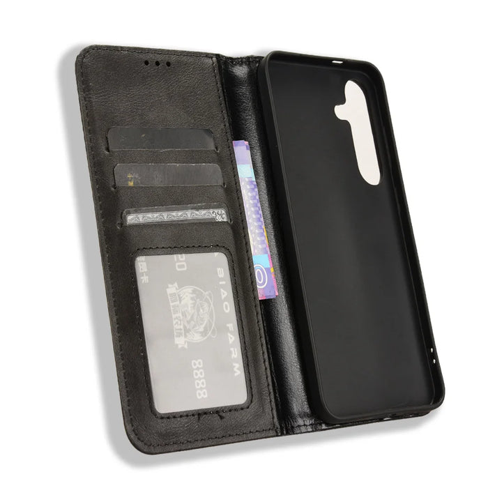 For Samsung Galaxy S26 Leather Case Wallet Stand Retro Texture Phone Cover - Black - 5