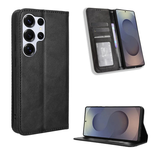 For Samsung Galaxy S26 Ultra Leather Case Wallet Stand Retro Texture Phone Cover - Black - 1
