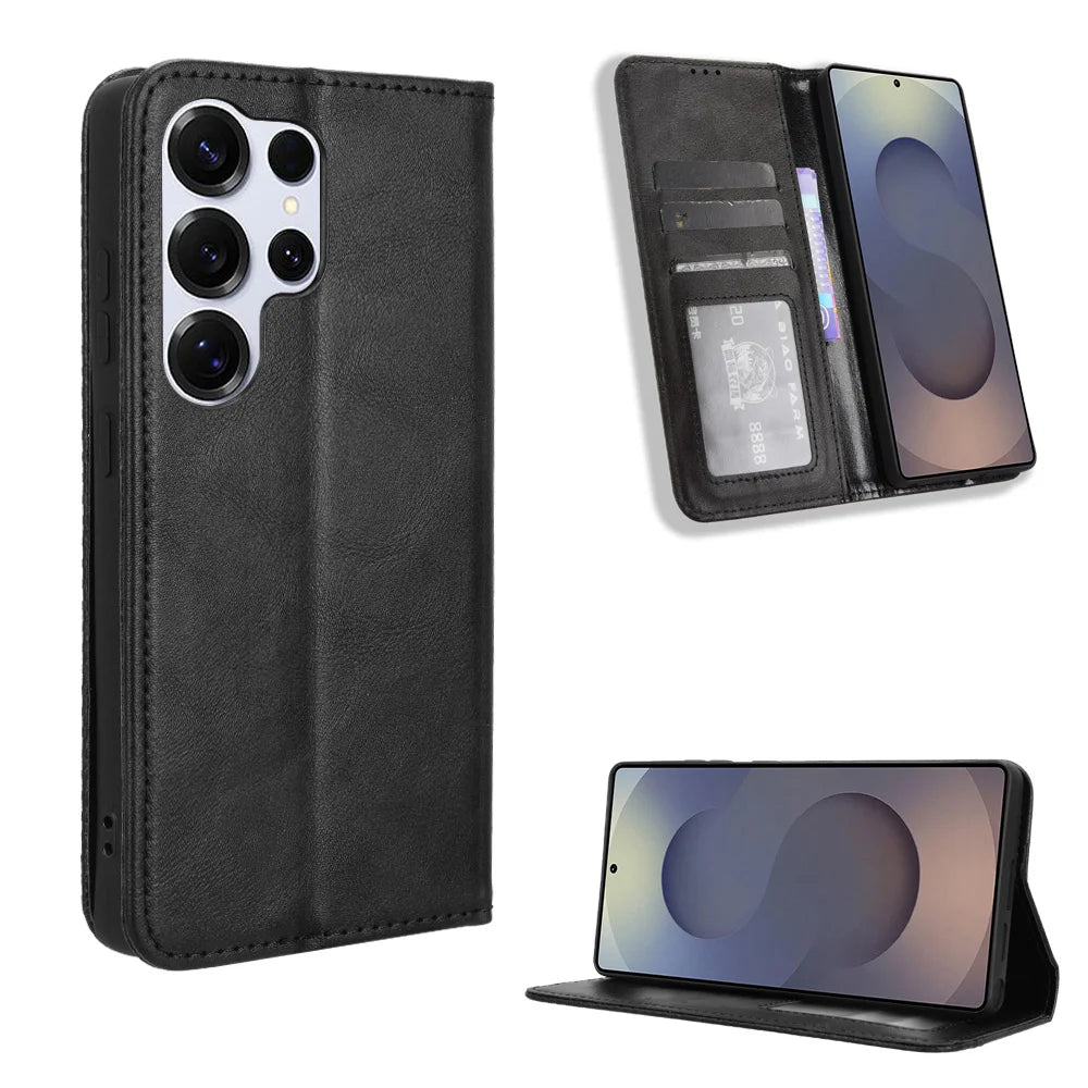 For Samsung Galaxy S26 Ultra Leather Case Wallet Stand Retro Texture Phone Cover - Black - 1