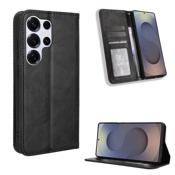 For Samsung Galaxy S26 Ultra Leather Case Wallet Stand Retro Texture Phone Cover - Black - 1