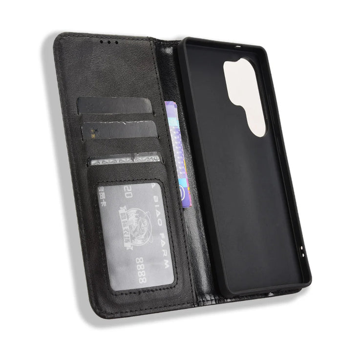 For Samsung Galaxy S26 Ultra Leather Case Wallet Stand Retro Texture Phone Cover - Black - 5
