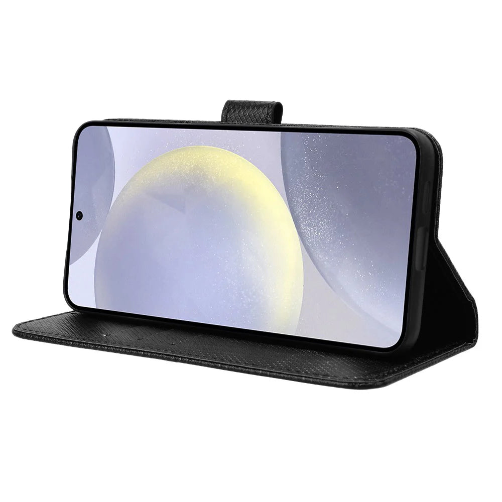 For Samsung Galaxy S26 Leather Wallet Case with Strap Diamond Texture Phone Cover - Black - 7