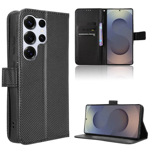 For Samsung Galaxy S26 Ultra Leather Wallet Case with Strap Diamond Texture Phone Cover - Black - 1
