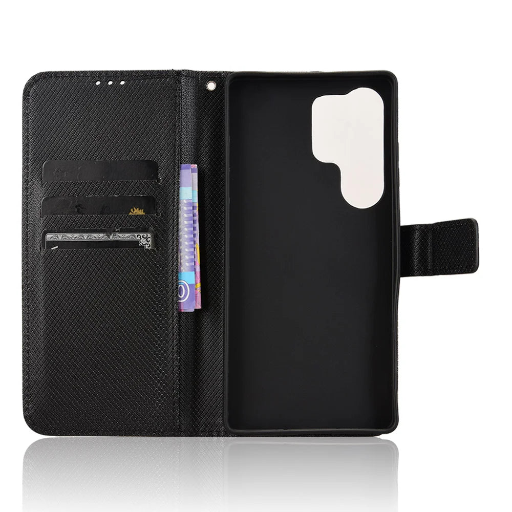 For Samsung Galaxy S26 Ultra Leather Wallet Case with Strap Diamond Texture Phone Cover - Black - 5