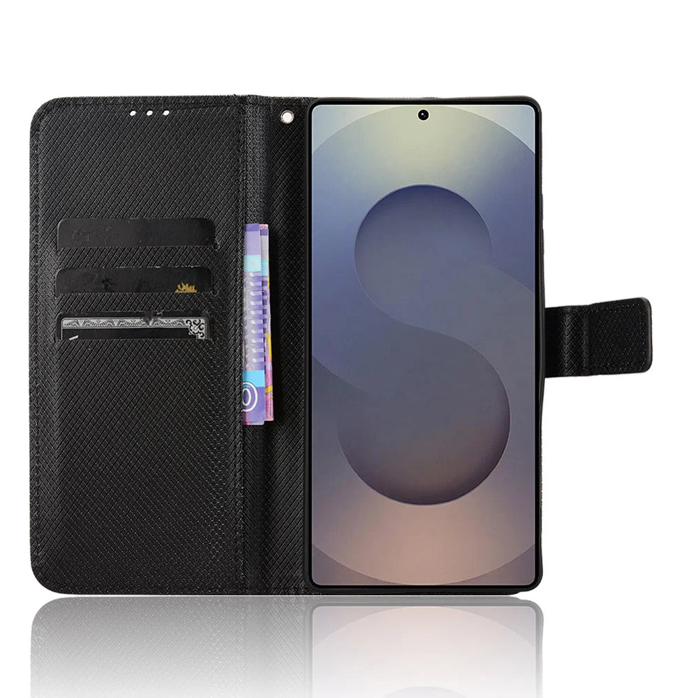 For Samsung Galaxy S26 Ultra Leather Wallet Case with Strap Diamond Texture Phone Cover - Black - 6