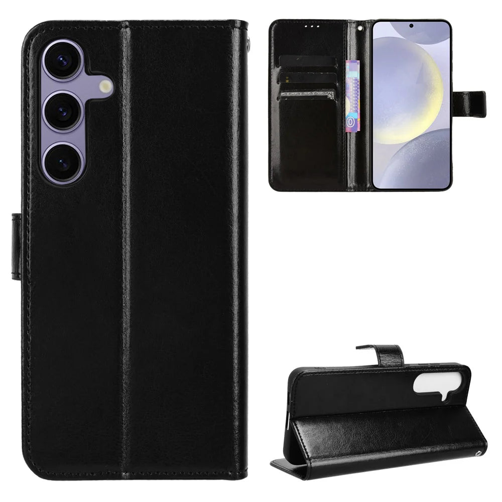 For Samsung Galaxy S26 PU Leather Case with Strap Crazy Horse Texture Phone Wallet Cover - Black - 1