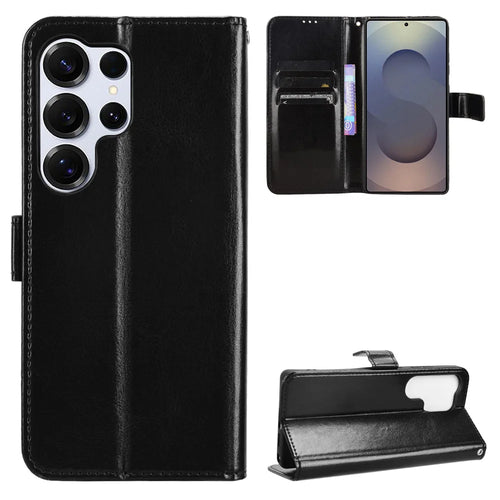 For Samsung Galaxy S26 Ultra PU Leather Case with Strap Crazy Horse Texture Phone Wallet Cover - Black - 1