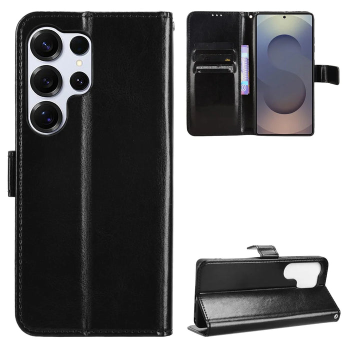 For Samsung Galaxy S26 Ultra PU Leather Case with Strap Crazy Horse Texture Phone Wallet Cover - Black - 1