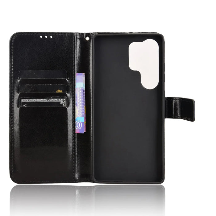 For Samsung Galaxy S26 Ultra PU Leather Case with Strap Crazy Horse Texture Phone Wallet Cover - Black - 4