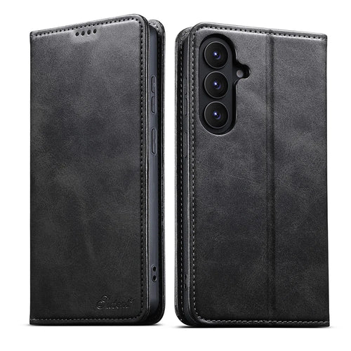 SUTENI For Samsung Galaxy S26 Leather Case Calf Texture Wallet Stand Flip Phone Cover - Black - 1