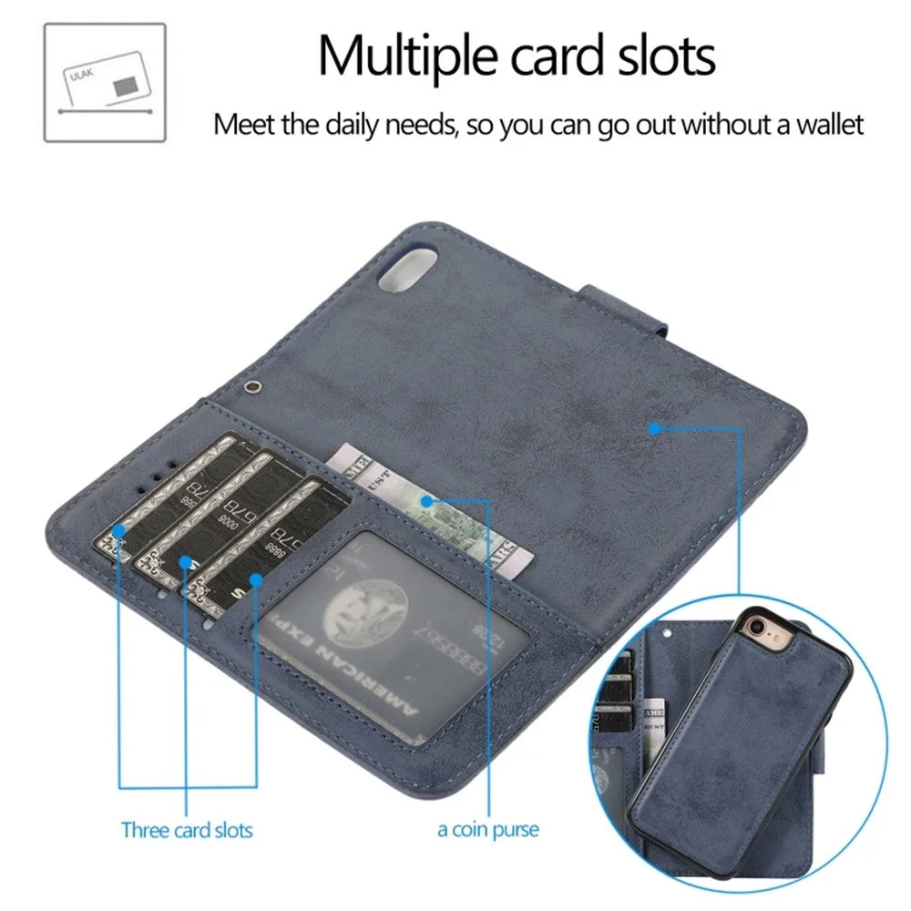 Wallet Case For iPhone 8  /  7  /  SE (2022)  /  SE (2020) Retro Matte Magnetic Detachable PU Leather TPU Phone Cover - Dark Blue - 3