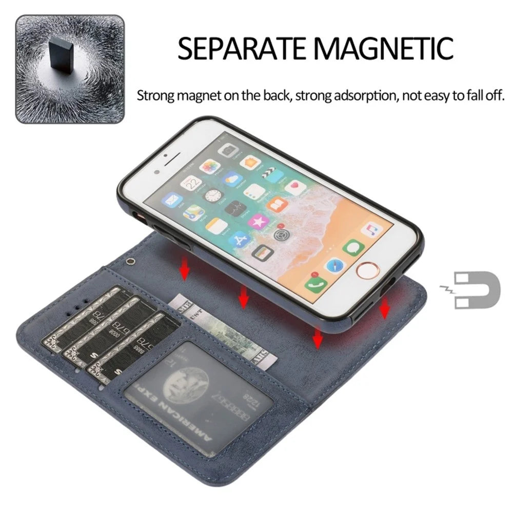 Wallet Case For iPhone 8  /  7  /  SE (2022)  /  SE (2020) Retro Matte Magnetic Detachable PU Leather TPU Phone Cover - Dark Blue - 4