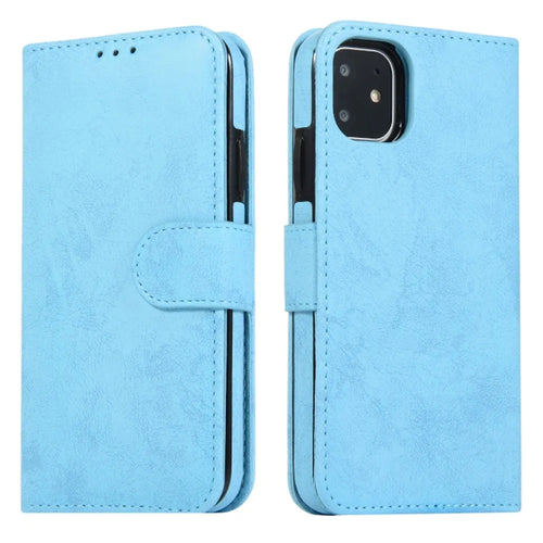 For iPhone 11 Wallet Case Retro Matte Magnetic Detachable PU Leather TPU Phone Cover - Sky Blue - 1