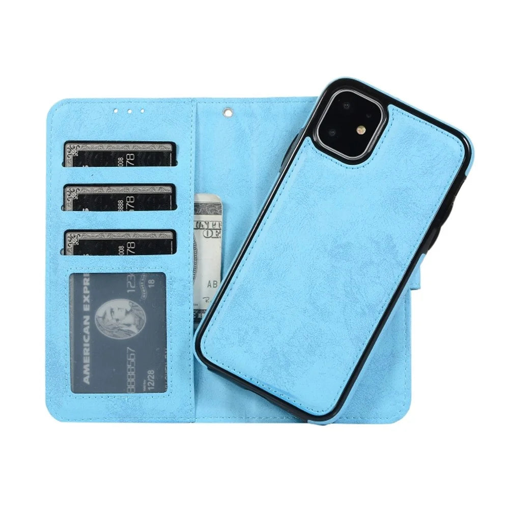 For iPhone 11 Wallet Case Retro Matte Magnetic Detachable PU Leather TPU Phone Cover - Sky Blue - 2